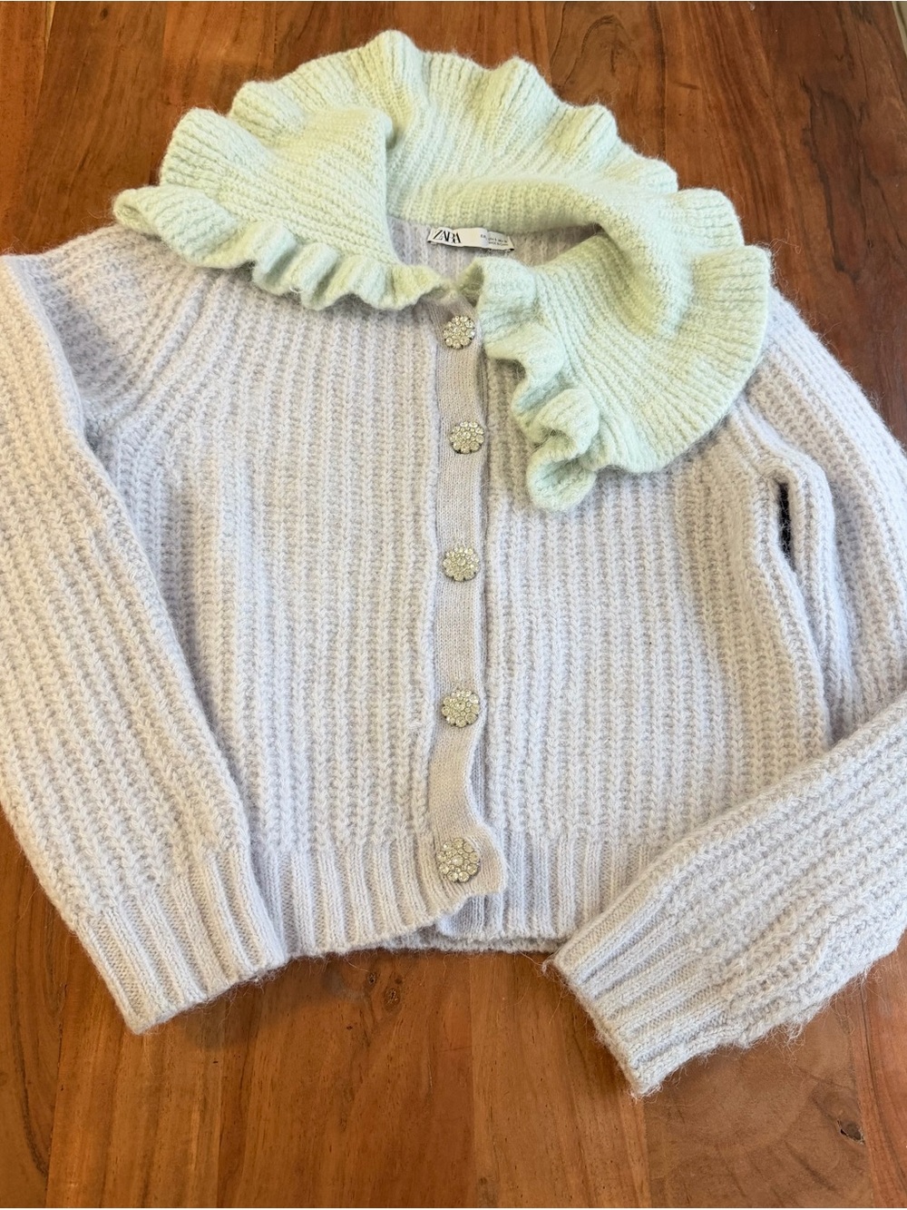 Rhinestone Zara Lilac Knit Cardigan with Mint Ruffle Collar buttons front Size S
